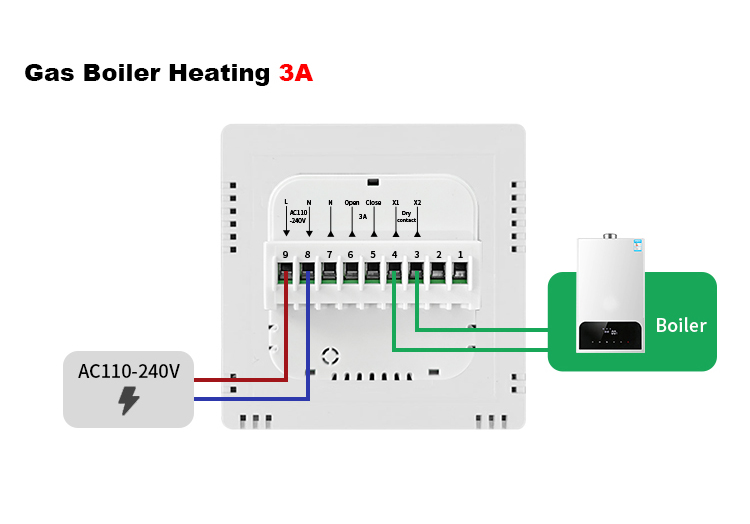 AE-5503D Boiler wiring — X1 / X2 dry contact